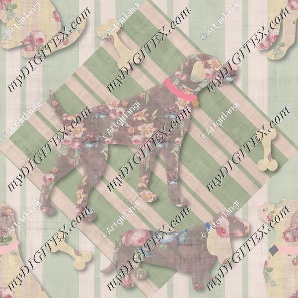 Floral Dogs Green Stripe Checker