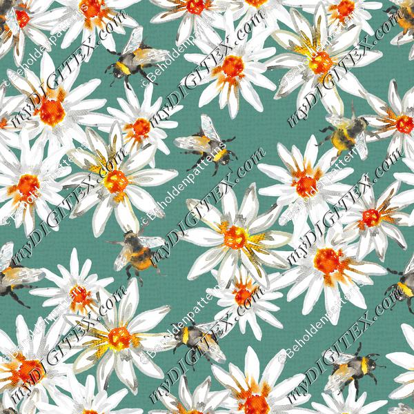 Bumblebees and daisys -Dust Green