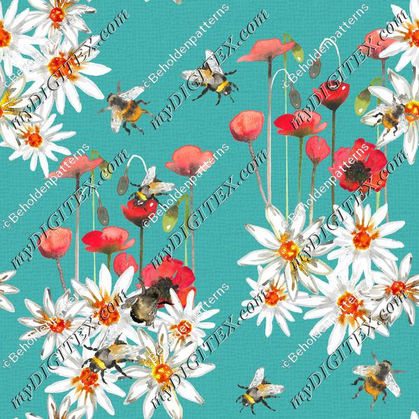 Bumblebees, poppys and daisys space -Turquise