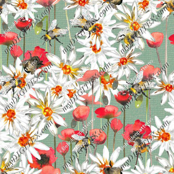 Bumblebees, poppys and daisys -Dust Green