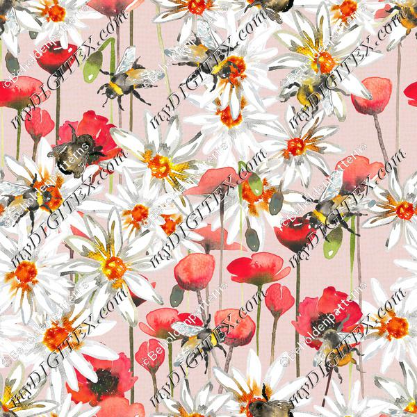 Bumblebees, poppys and daisys -Dust pink