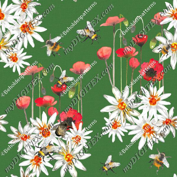 Bumblebees, poppys and daisys space-Green