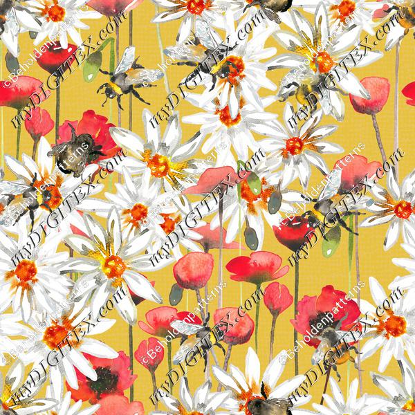 Bumblebees, poppys and daisys -Yellow background