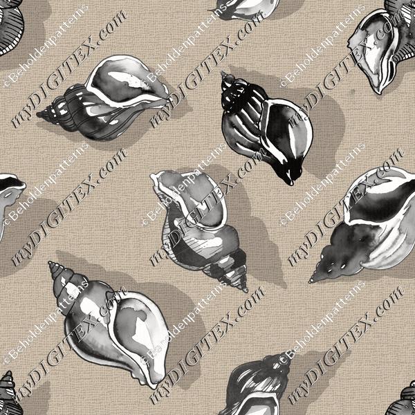 Seashells and Clams in Black and White on a Sandy White Beach - More spaced on beige