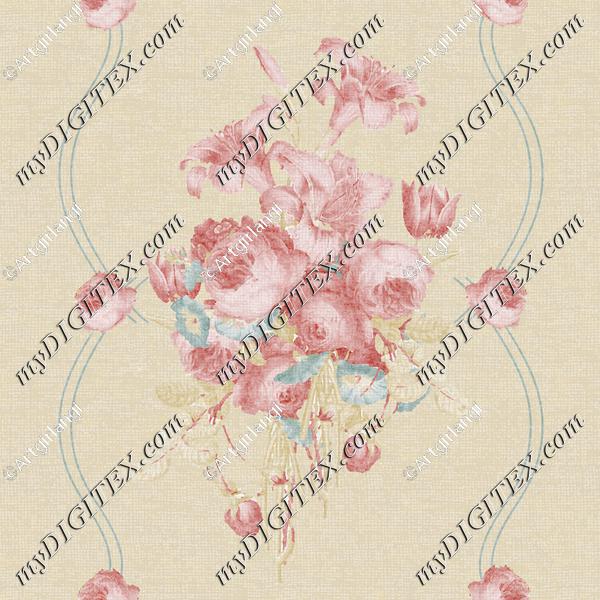 Antique Traditional Floral Pink Teal Cream Stripe