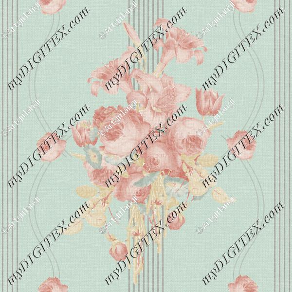 Antique Traditional Floral Stripes Teal Background Pink Teal Cream Stripe