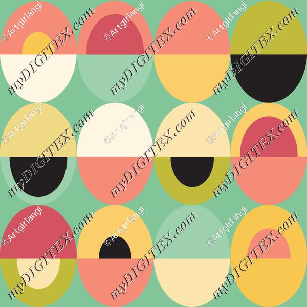 Oval Mid Century Pink Yellow Teal Geometric Black White Gray Background