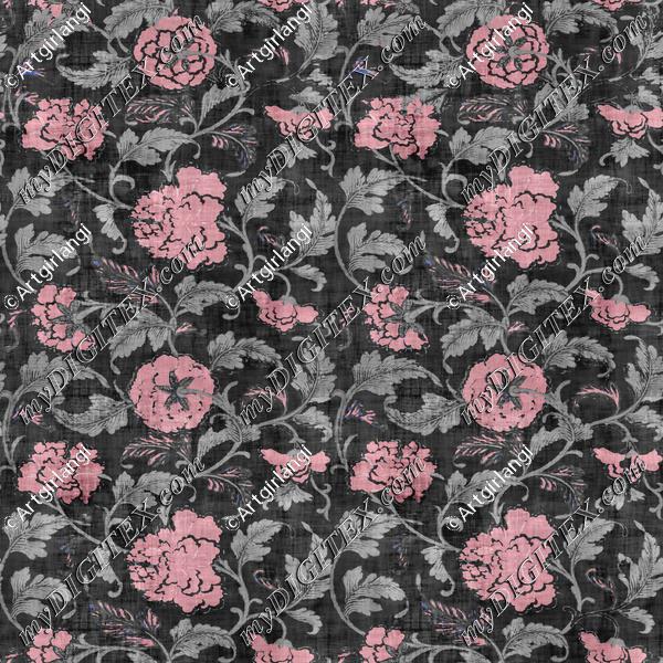 Vine Floral Pink Gray-Green Black Antique Texture Overlay