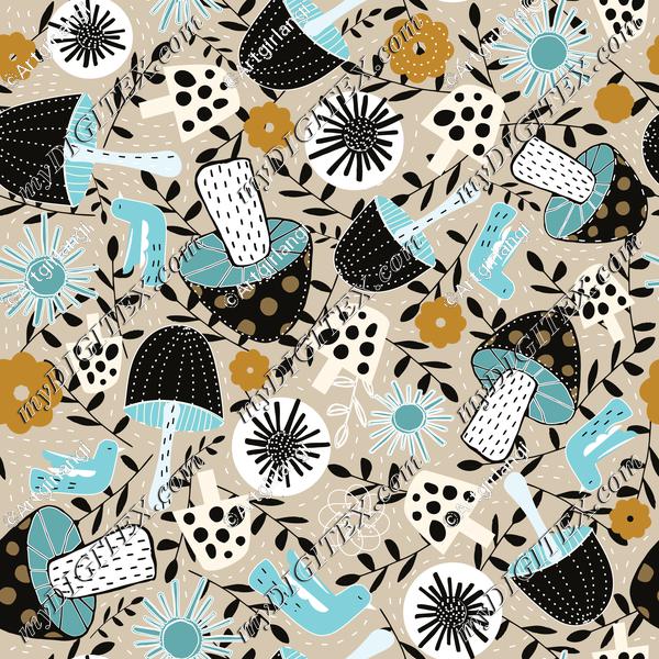 Fun Mushrooms and Birds Teal Earth Tones