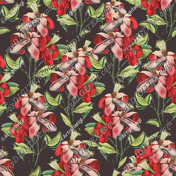 Red Vintage Floral Dark Brown Background