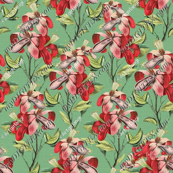 Vintage Red Floral Green Background