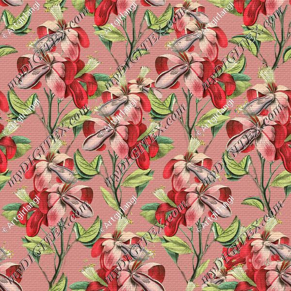 Vintage Red Floral Pink Background