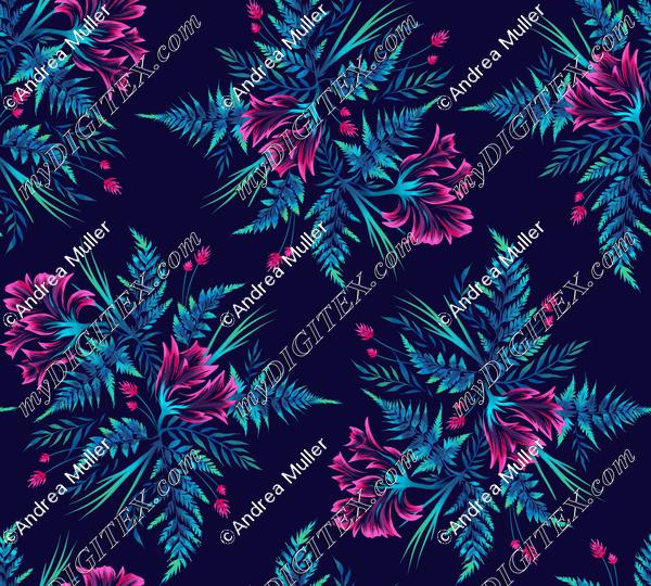Ferns and Parrot Tulips - Navy Pink