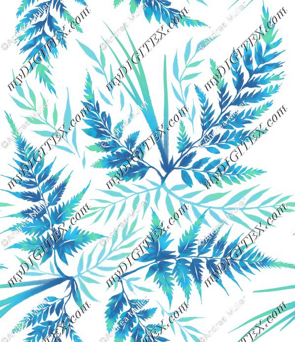 Watercolour Ferns - White Blue