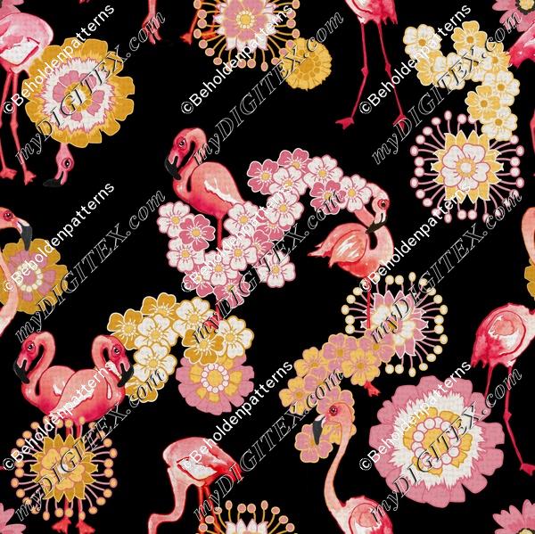 Flamingos and Flowers On black