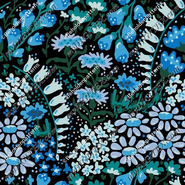 Vintage flower 20s wallpaper - blue and greens on black