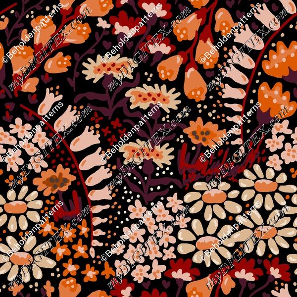 Vintage flower 20s wallpaper - Offwhite and rust on black