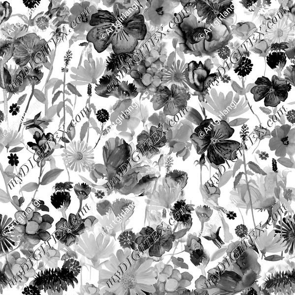 Watercolor Wildflowers Bees High Contract Black and White_230512_7M7H