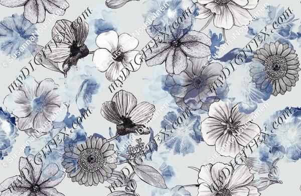 Line drawn gray tones hand drawn Photoreal blue tones floral