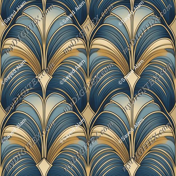 Seamless Pattern Art Deco Style, Dust Blue and Gold,