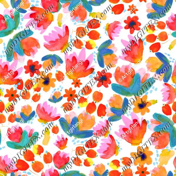 Floral Watercolor Hand Painted Red Pink Orange