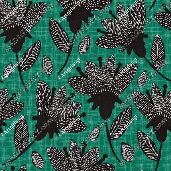 Large Abstract Textured Floral Green Black