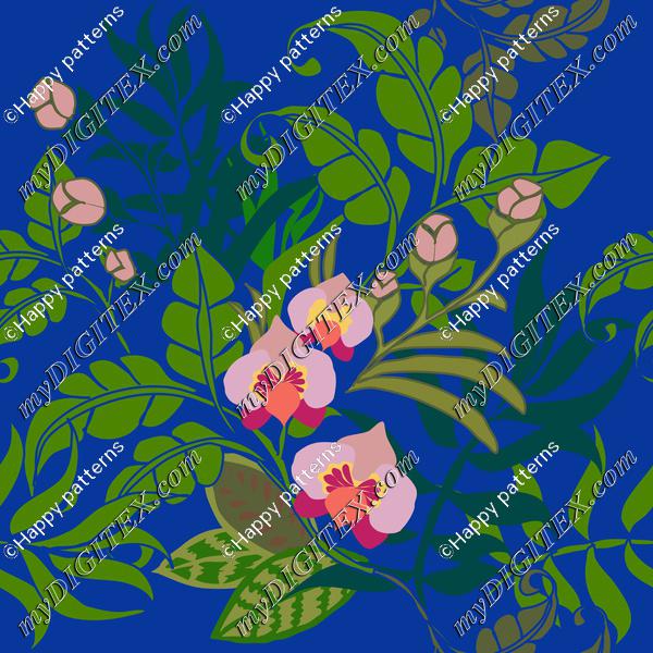 tropical leaves and flowers on royal blue