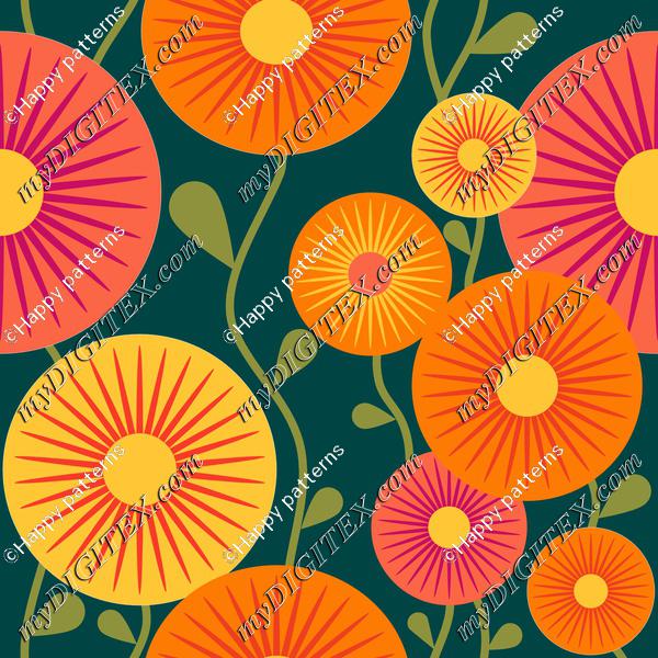 retro flowers orange Quetzal green