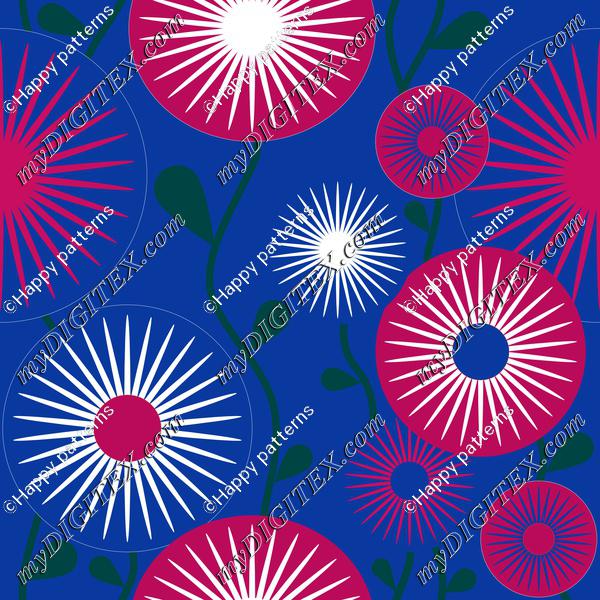 retro flowers royal blue white pink