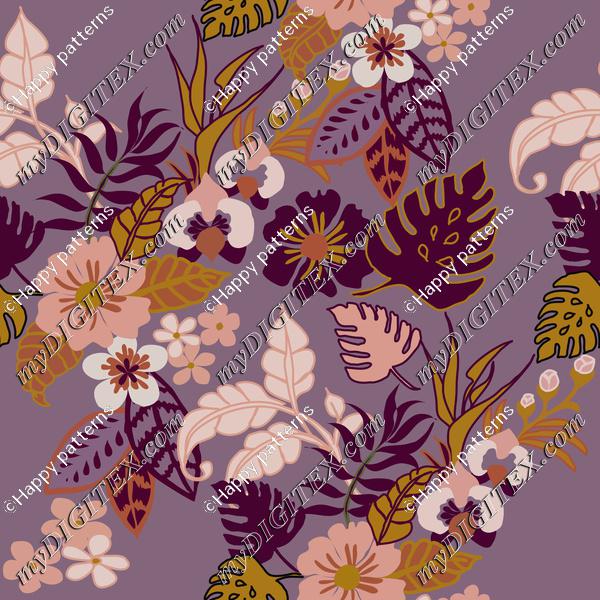 Magical jungle Tropical flowers on purple