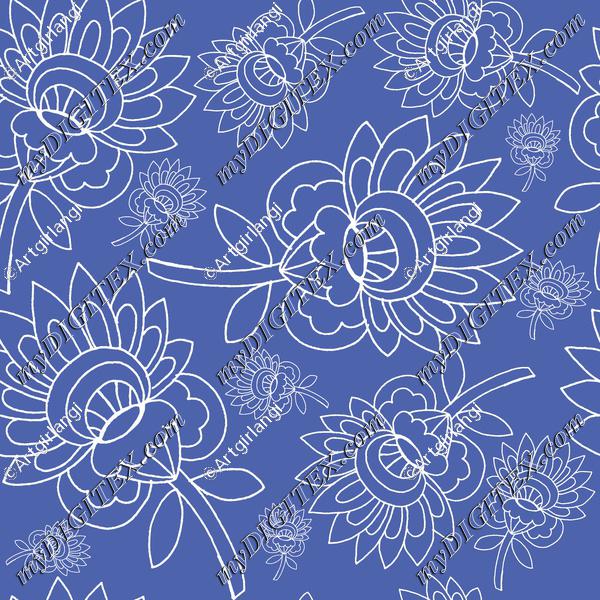 royal blue background white floral hand drawn