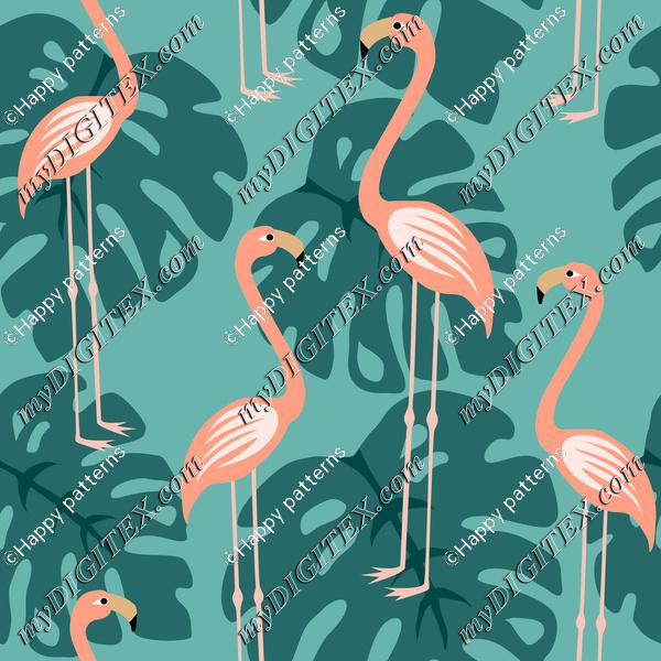 Pink flamingoes and tropical leaves