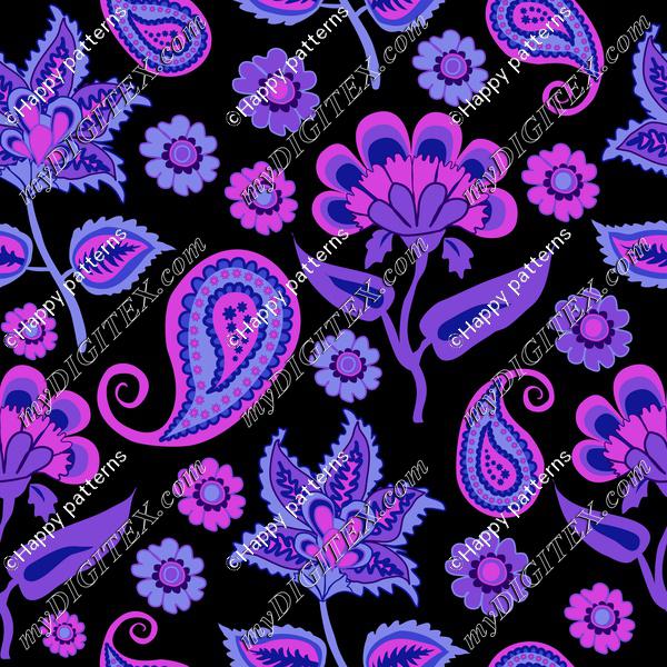 Oriental Indian Kalamkari Pasley purple on black