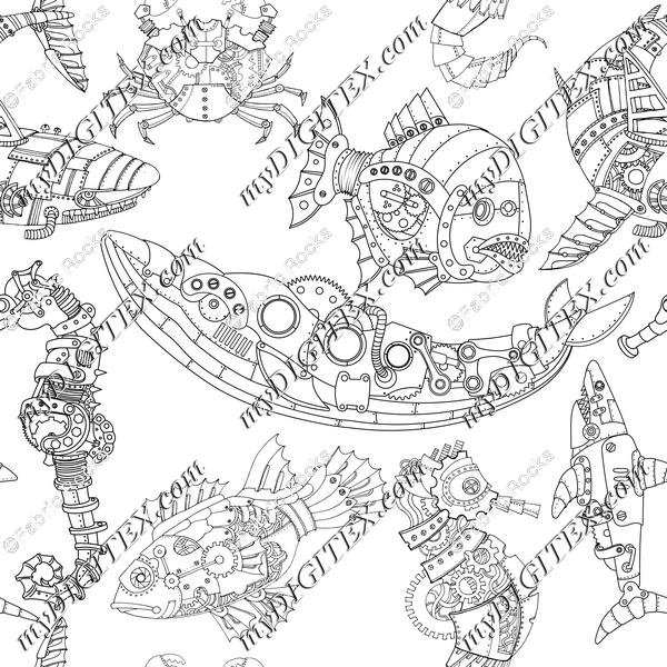 Steampunk Sea Creatures Coloring