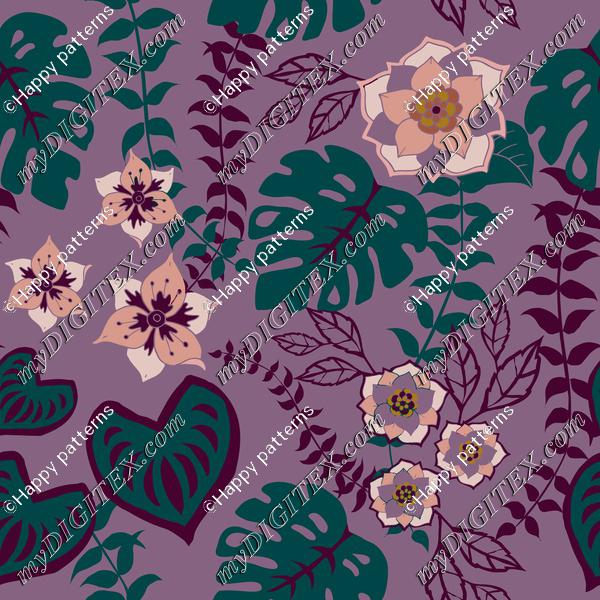 Tropical flowers, leaves and vines on purple