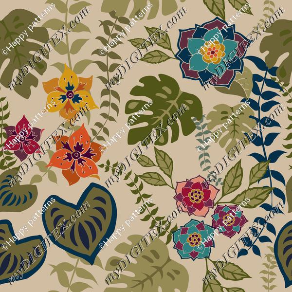 Tropical flowers, leaves and vines on neutral