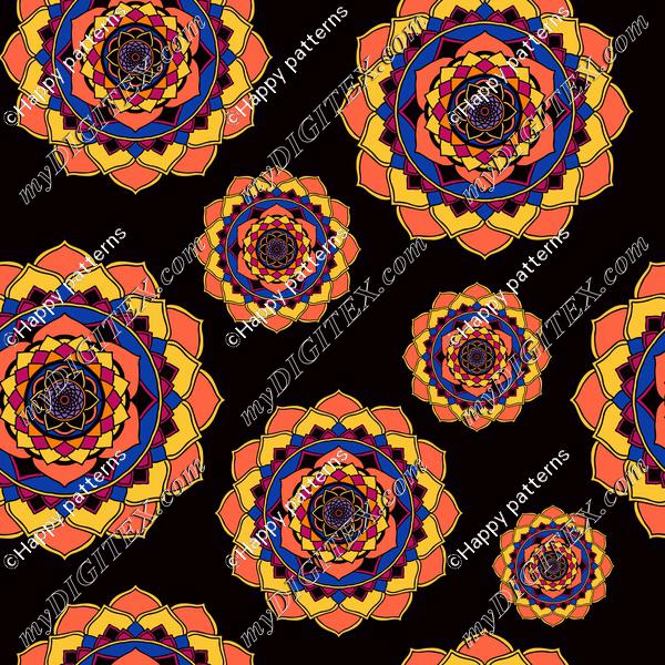 Mandalas, sun, floral, orange on black