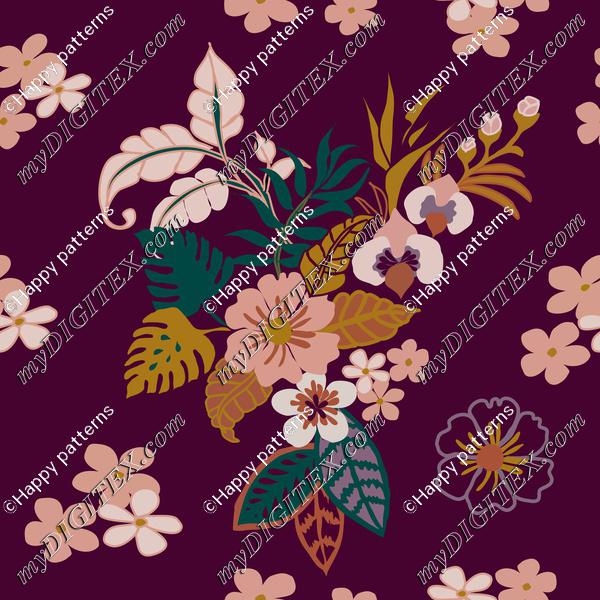 Tropical leaves, flowers and plants on purple
