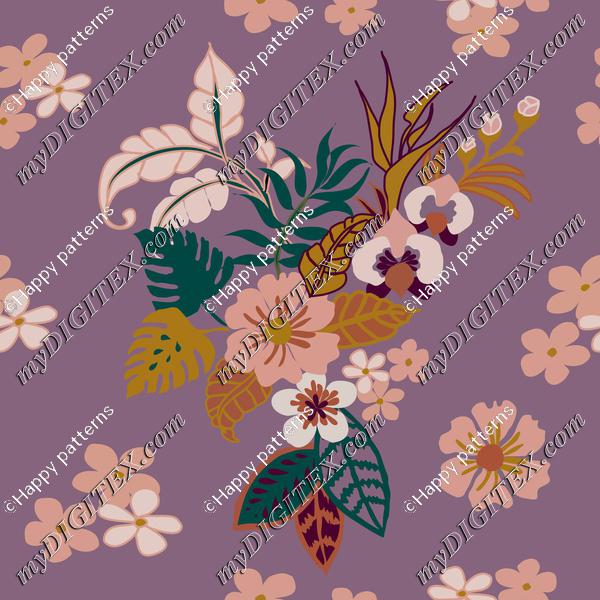 Tropical leaves, flowers and plants on llight purple