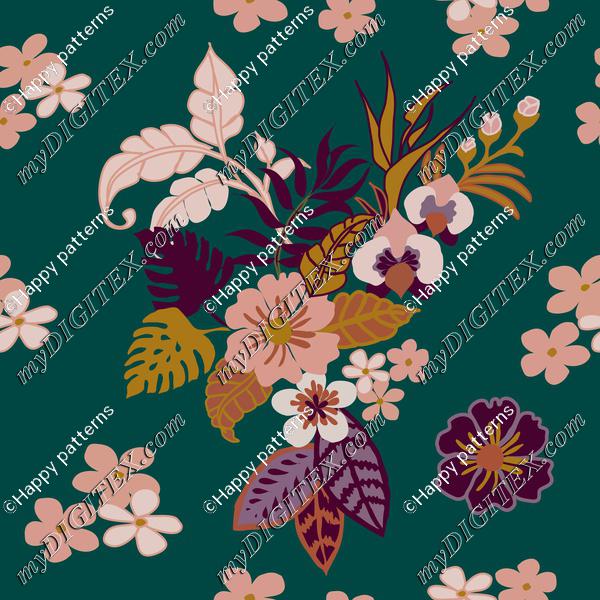 Tropical leaves, flowers and plants on quetzal green