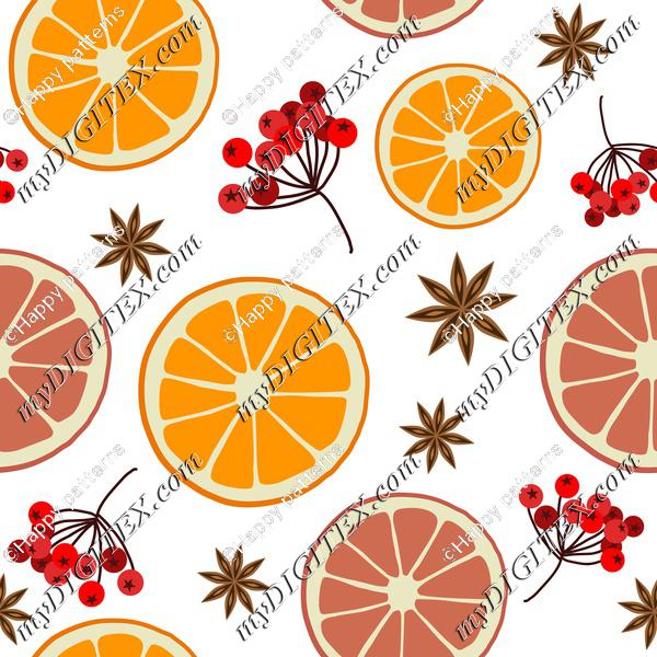Winter Christmas Pattern with Oranges and Berries on White