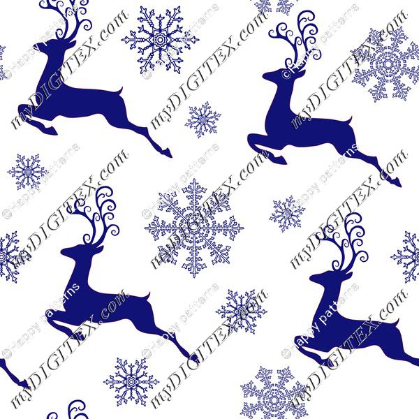 Christmas New Year Pattern Deer and Snowflakes On Blue