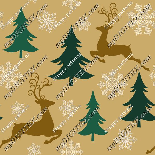 Golden Forest, Christmas New Year Reindeer and Trees