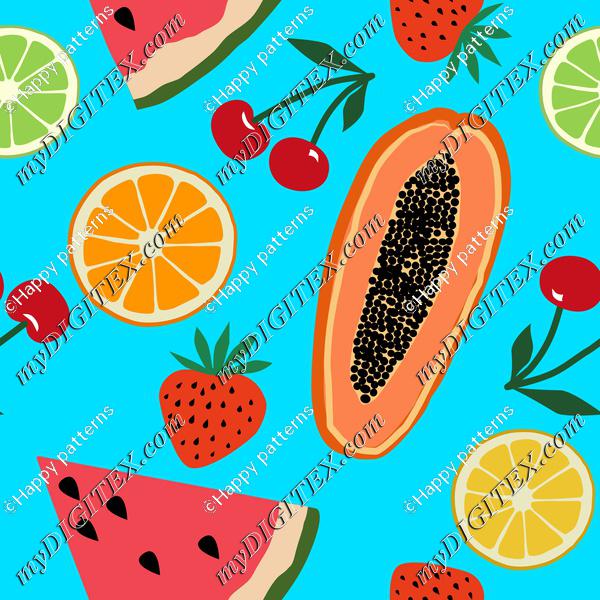 Fruits, papaya, strawberry, cherry, orange, lemon, watermelon on blue