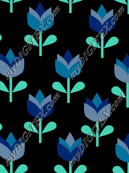 Blue florals on black, Tulips blue