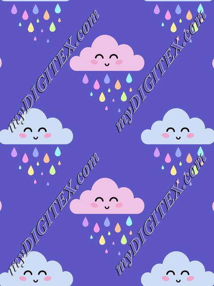 Pastel rainy clouds with rainbow raindrops on dark violet background