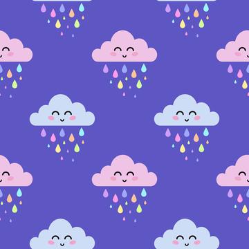 Pastel rainy clouds with rainbow raindrops on dark violet background