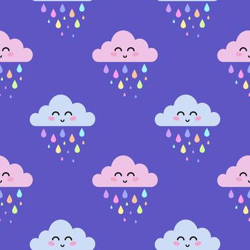 Pastel rainy clouds with rainbow raindrops on dark violet background
