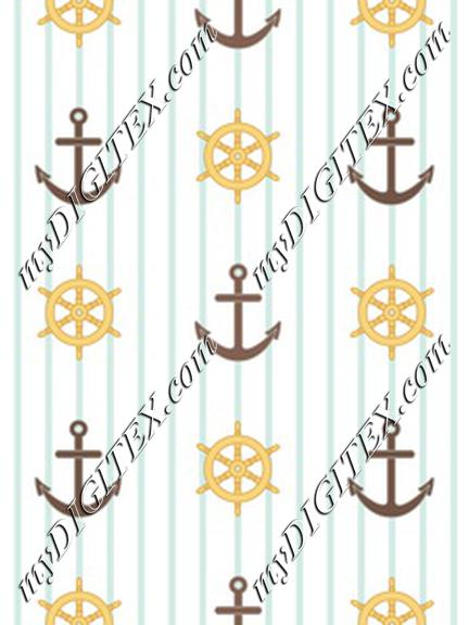 Nautical textile steering wheel and anchors with blue stripes. Marine and sailing fabric