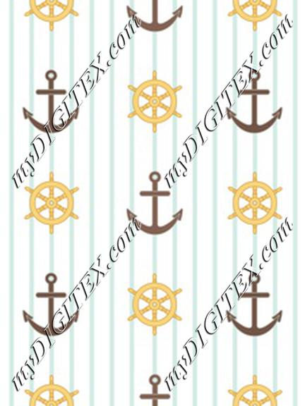 Nautical textile steering wheel and anchors with blue stripes. Marine and sailing fabric